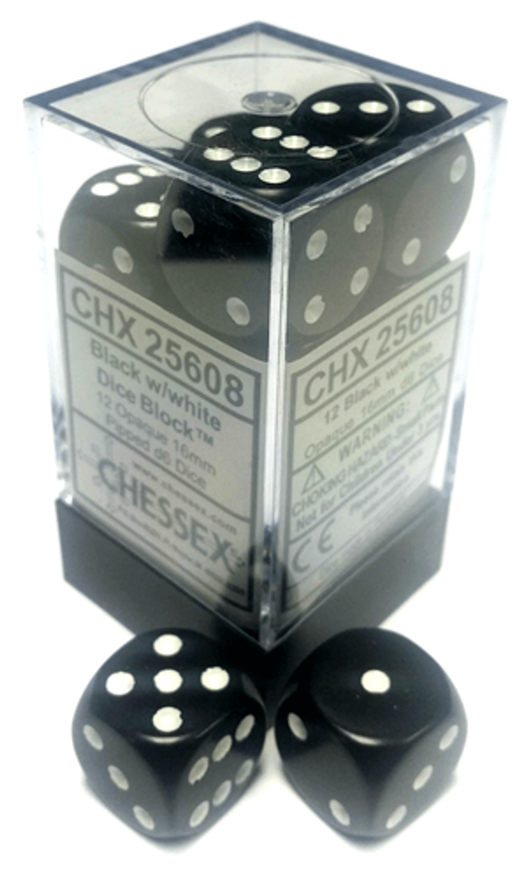 Chessex Dice: Opaque 16mm D6 Black/White (12)