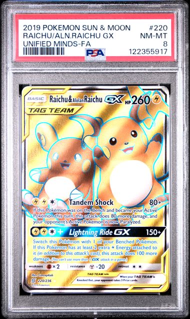 Pokemon: Raichu & Alolan Raichu GX (Full Art) - 220/236 - Unified Minds - PSA 8