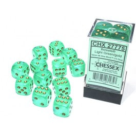 Chessex Borealis 16mm d6 Light Green/gold Luminary Dice Block (12 dice) - VGMX