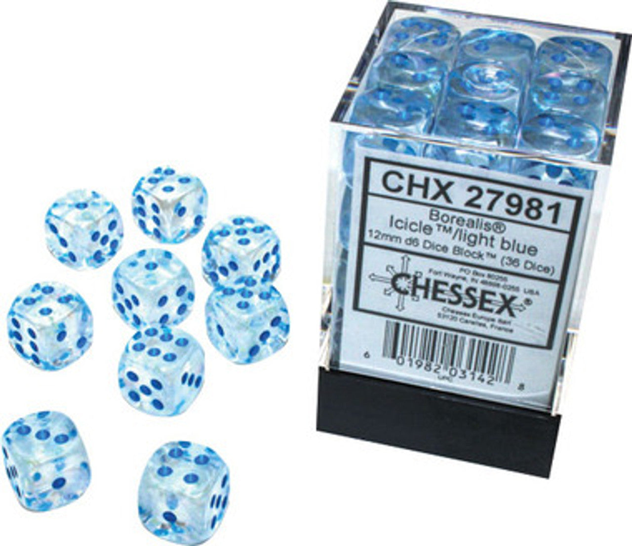 Chessex Dice: Borealis - 12mm d6 Icicle/Light Blue Luminary (36)