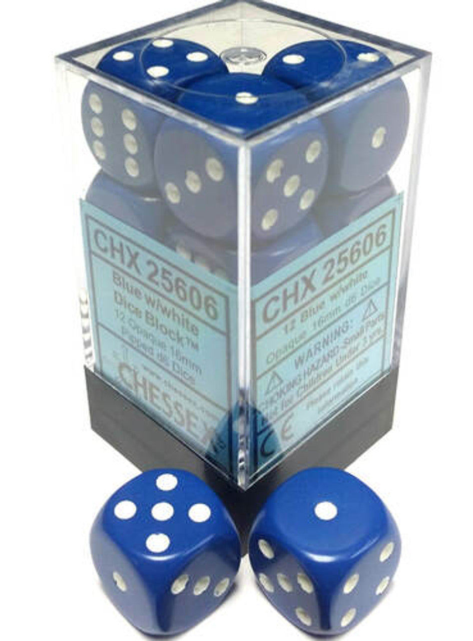 Chessex Dice: Opaque 16mm D6 Blue/White (12)
