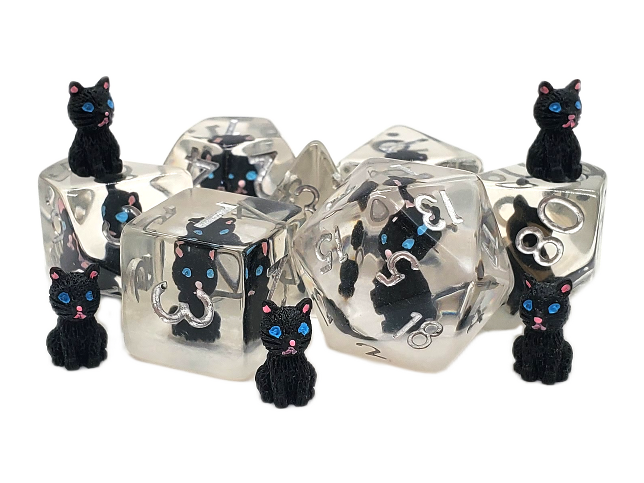 Old School 7 Piece DnD RPG Dice Set: Animal Kingdom - Cat - Black