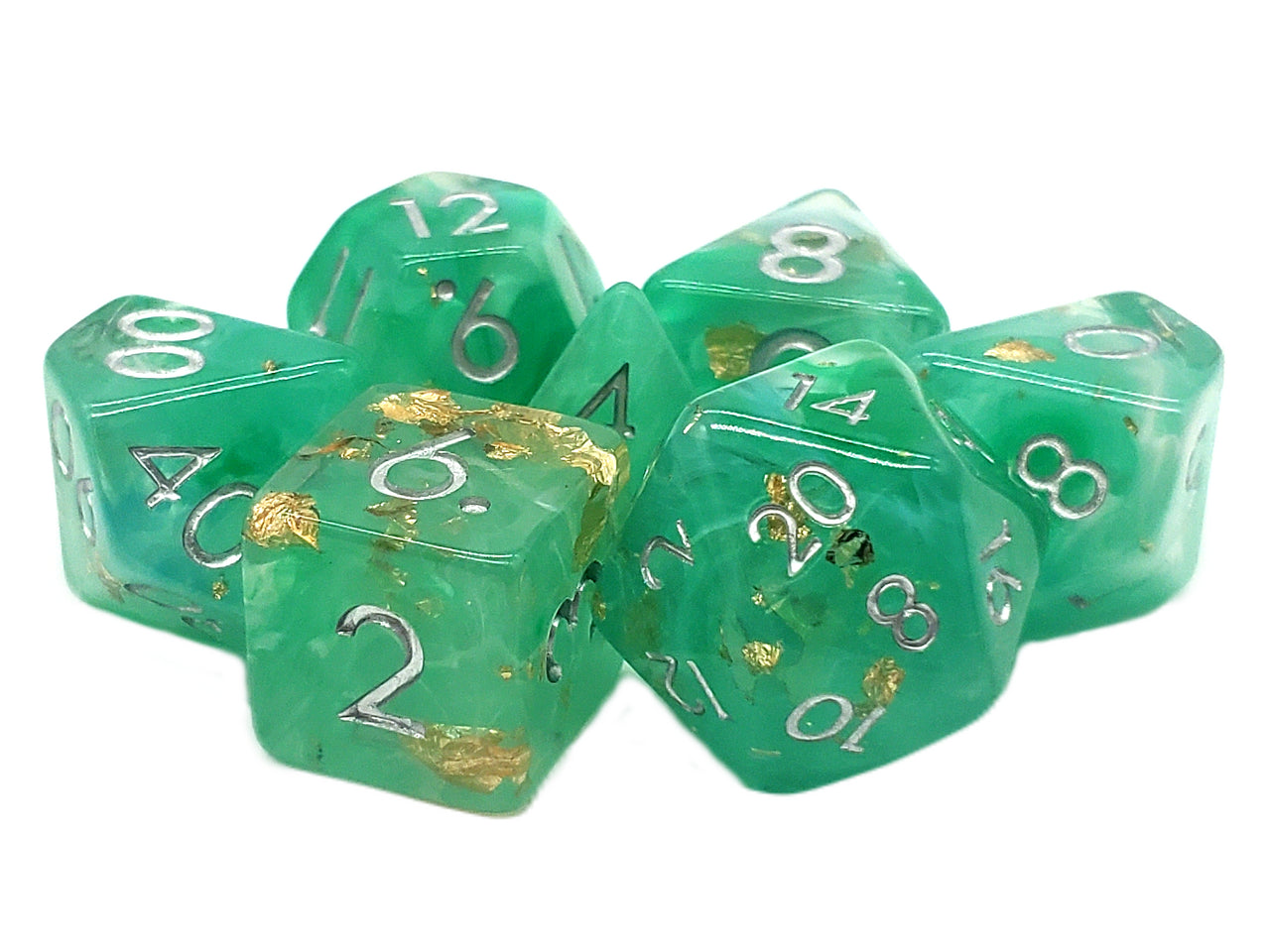 Old School 7 Piece DnD RPG Dice Set: Particles - Light Green & Blue Mist