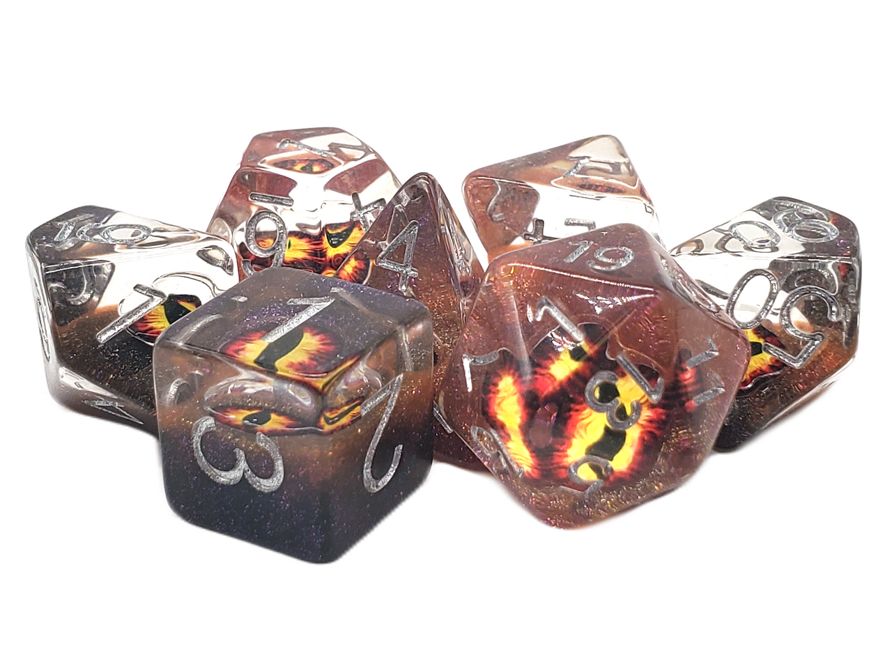 Old School 7 Piece DnD RPG Dice Set: Infused - Dragon Eye - Brown