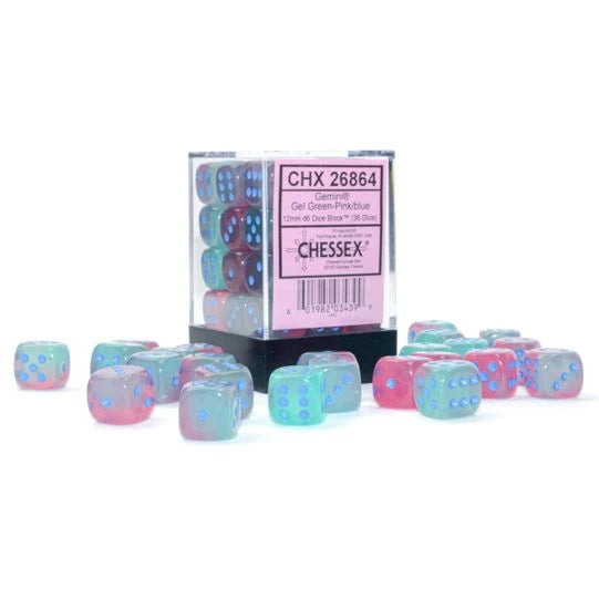 Chessex - d6 Cube 16mm Gemini Luminary Gel Green-Pink with Blue