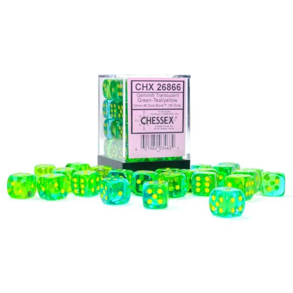 Chessex - d6 Cube 12mm Gemini Translucent Green-Teal with Yellow