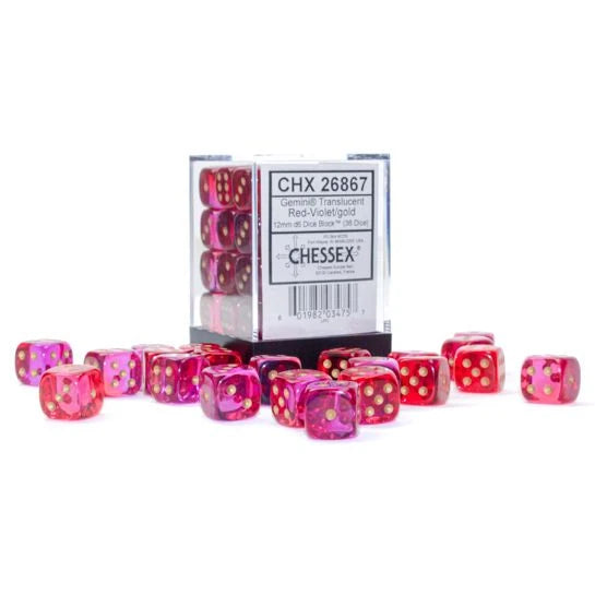 Chessex - d6 Cube 12mm Gemini Translucent Red-Violet with Gold