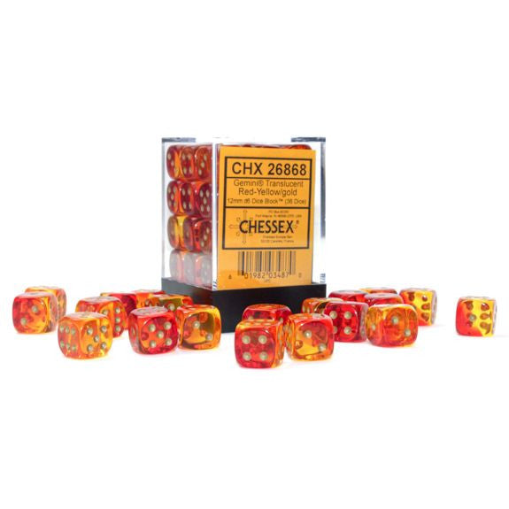 Chessex - d6 Cube 12mm Gemini Translucent Red-Yellow with Gold