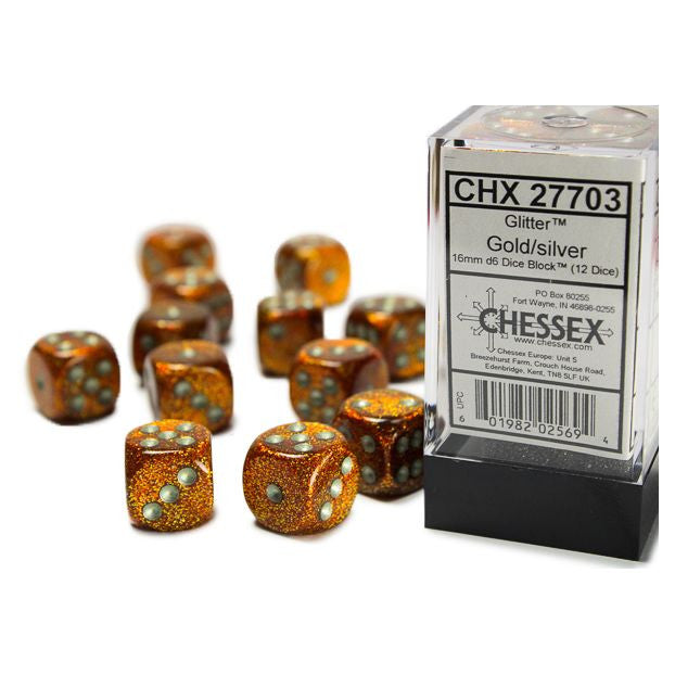d6 Cube 16mm Glitter Gold with Silver - VGMX