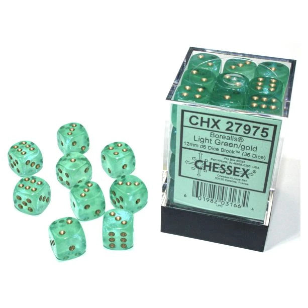 Chessex - d6 Cube 12mm Borealis Luminary Light Green with Gold