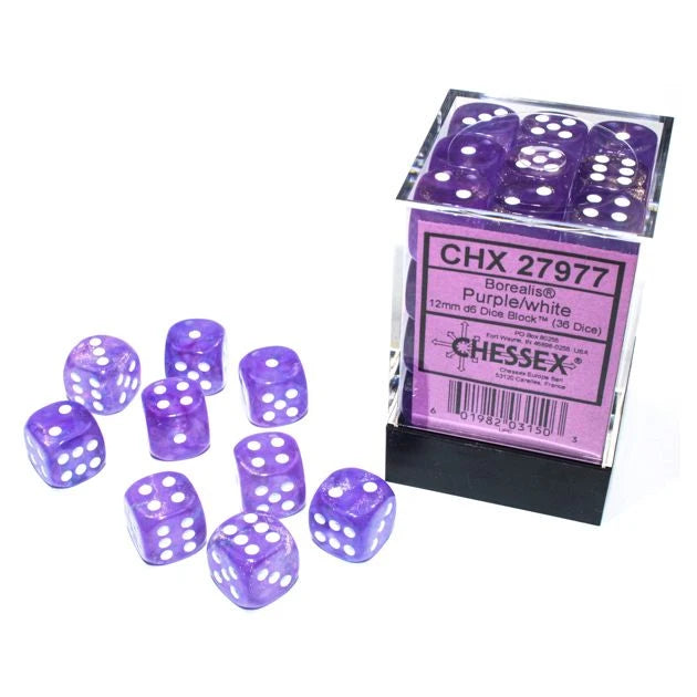 Chessex - d6 Cube 12mm Borealis Luminary Purple with White