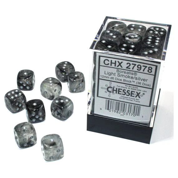 Chessex - d6 Cube 12mm Borealis Luminary Light Smoke with Silver