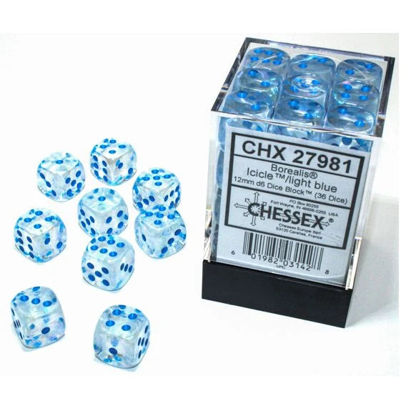 Chessex - d6 Cube 12mm Borealis Luminary Icicle with Light Blue