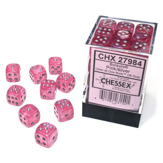 Chessex - d6 Cube 12mm Borealis Luminary Pink with Silver