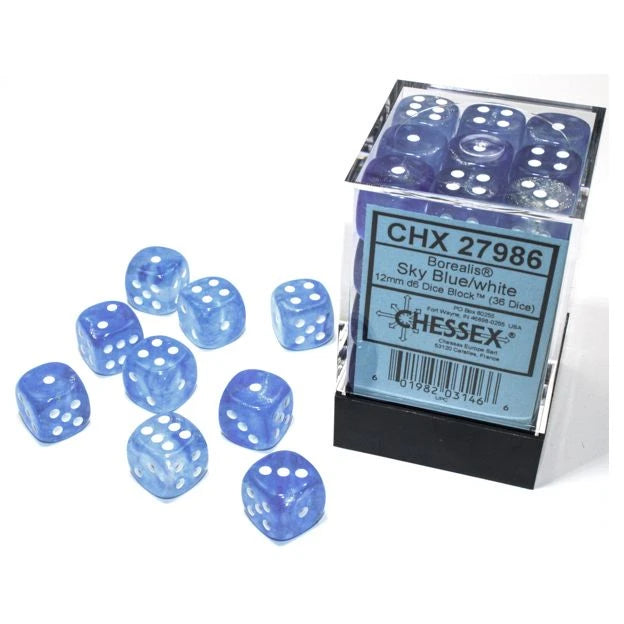 Chessex - d6 Cube 12mm Borealis Luminary Sky Blue with White