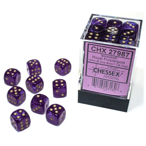Chessex - d6 Cube 12mm Borealis Luminary Royal Purple with Gold
