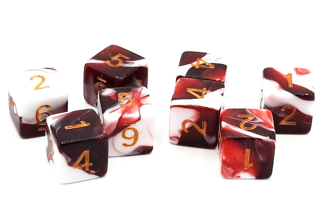 Old School Dice: D6 8-Piece Dice Set - Vorpal - Blood Red & White w/ Gold