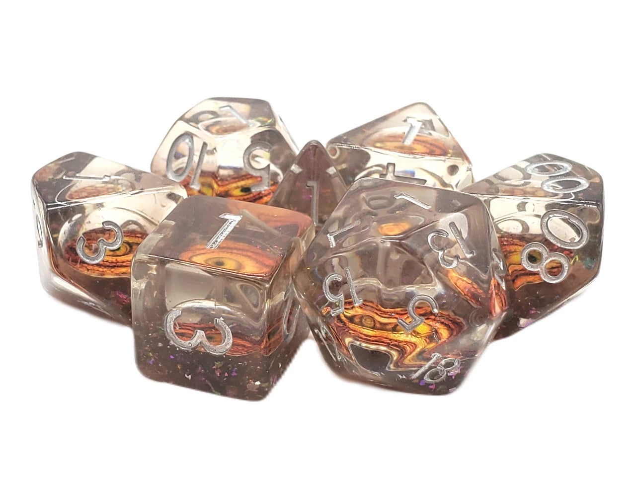 Old School 7 Piece DnD RPG Dice Set: Infused - Dragon Eye - Gold - VGMX