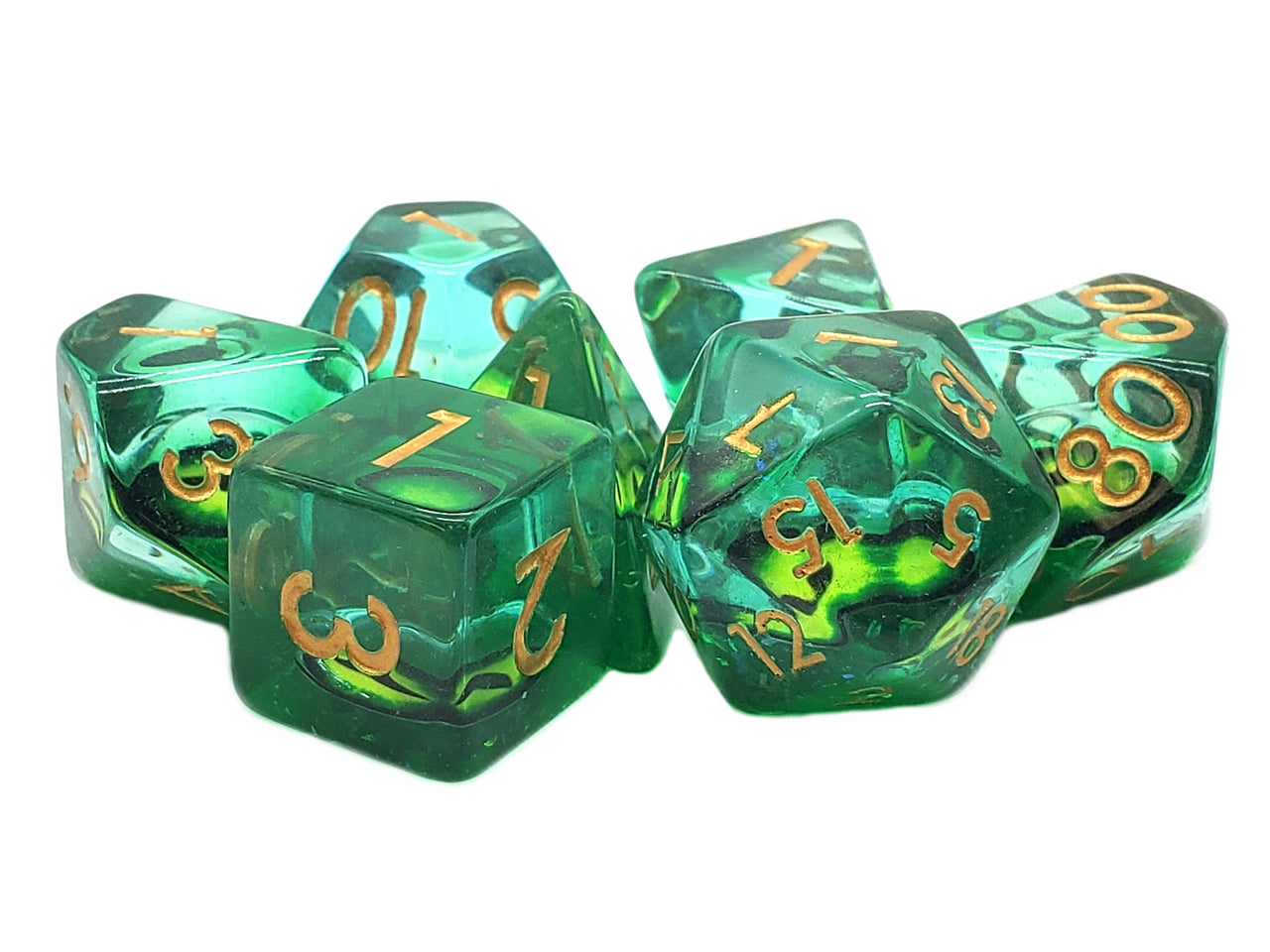 Old School 7 Piece DnD RPG Dice Set: Infused - Dragon Eye - Green