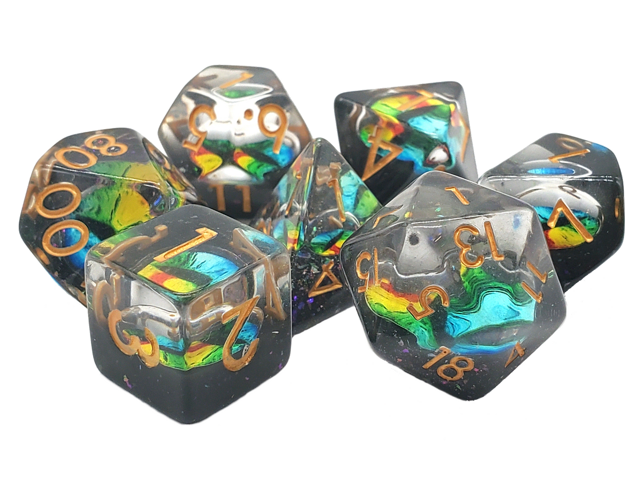 Old School 7 Piece DnD RPG Dice Set: Infused - Dragon Eye - Temporal