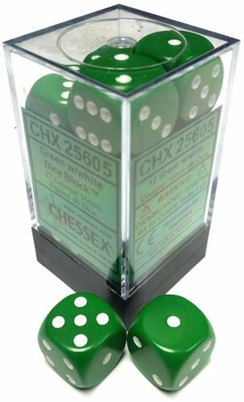 Chessex Dice: Opaque 16mm D6 Green/White (12)