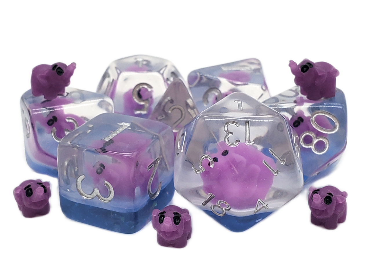 Old School 7 Piece DnD RPG Dice Set: Animal Kingdom - Baby Elephant - Purple w/ Blue
