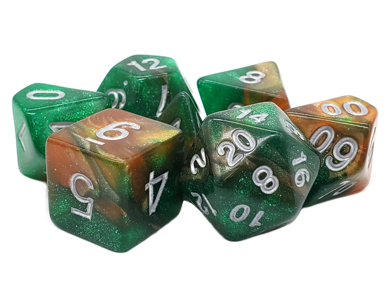 Old School 7 Piece DnD RPG Dice Set: Galaxy - Emerald & Orange