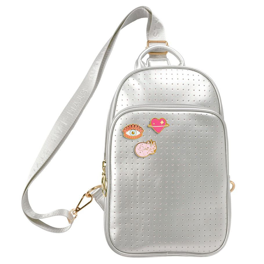 Reese: Perforated Crossbody Backpack: Silver - VGMX