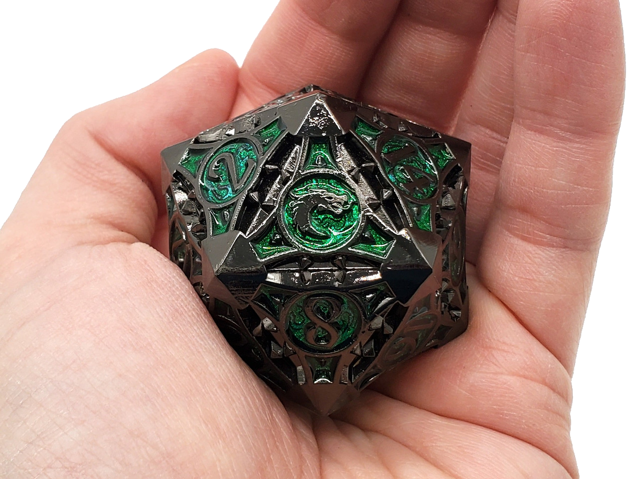 Old School 40mm D20 Metal Die: Gnome Forged - Black Nickel w/ Green