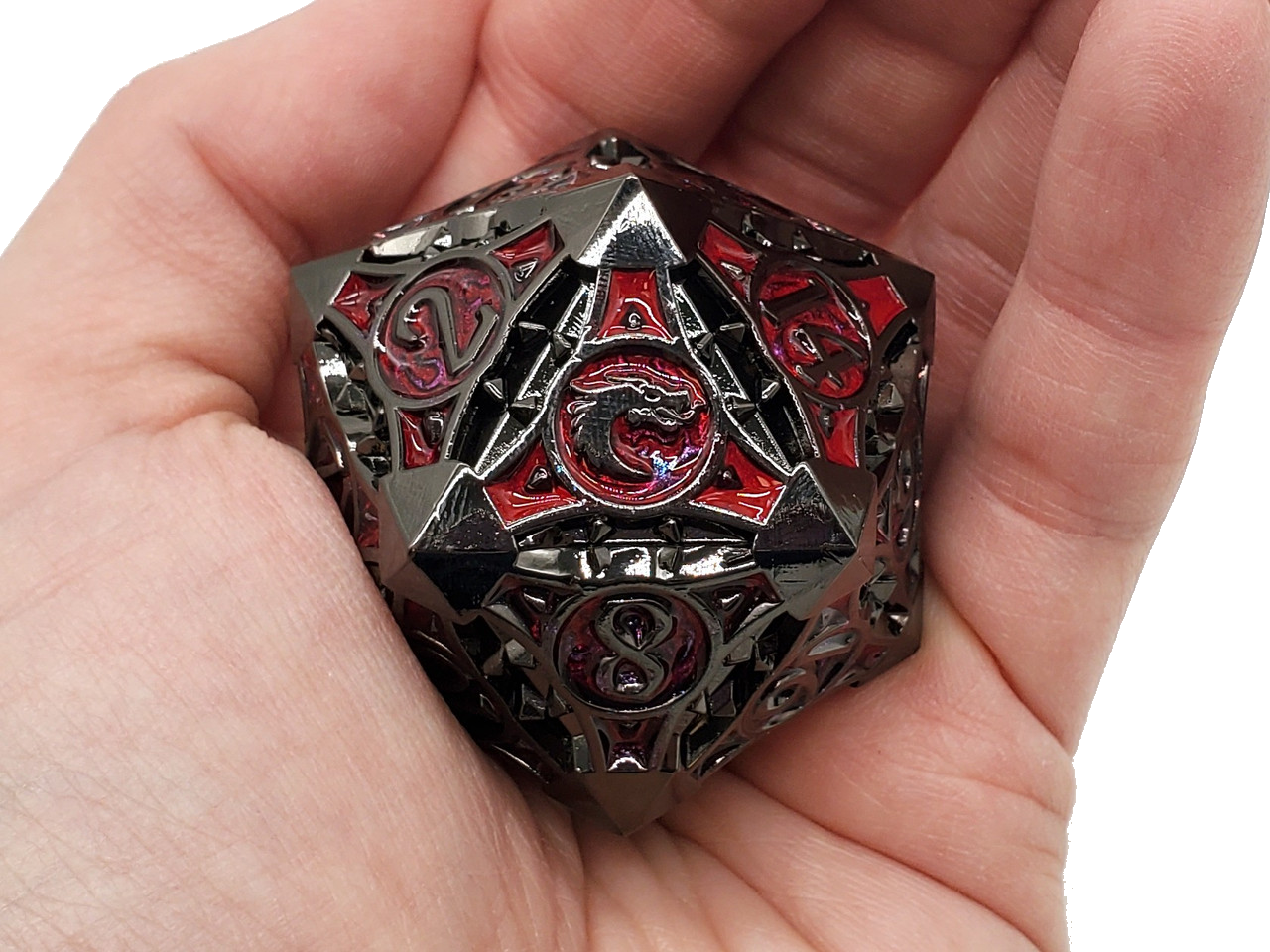 Old School 40mm D20 Metal Die: Gnome Forged - Black Nickel w/ Red