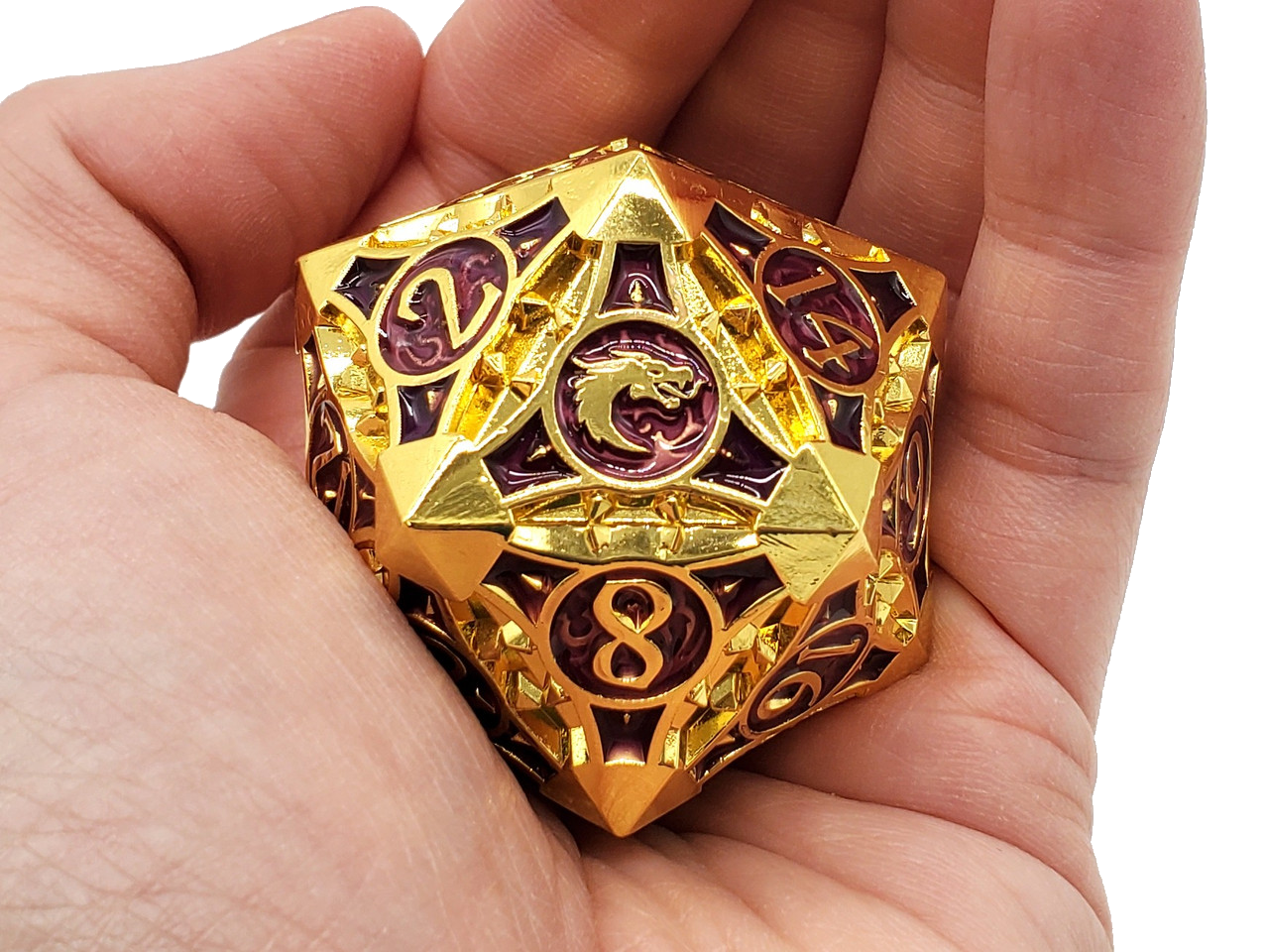 Old School 40mm D20 Metal Die: Gnome Forged - Gold w/ Purple