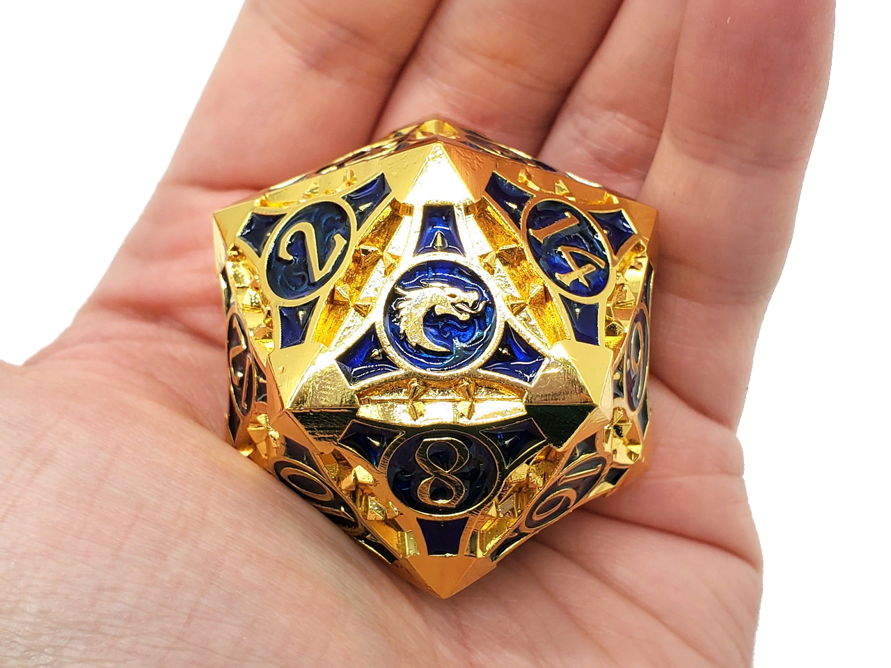 Old School 40mm D20 Metal Die: Gnome Forged - Gold w/ Blue