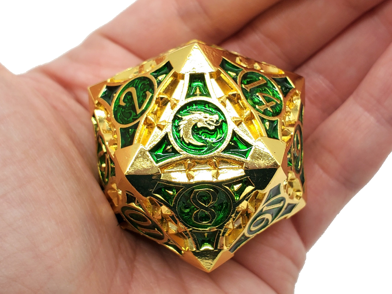 Old School 40mm D20 Metal Die: Gnome Forged - Gold w/ Green