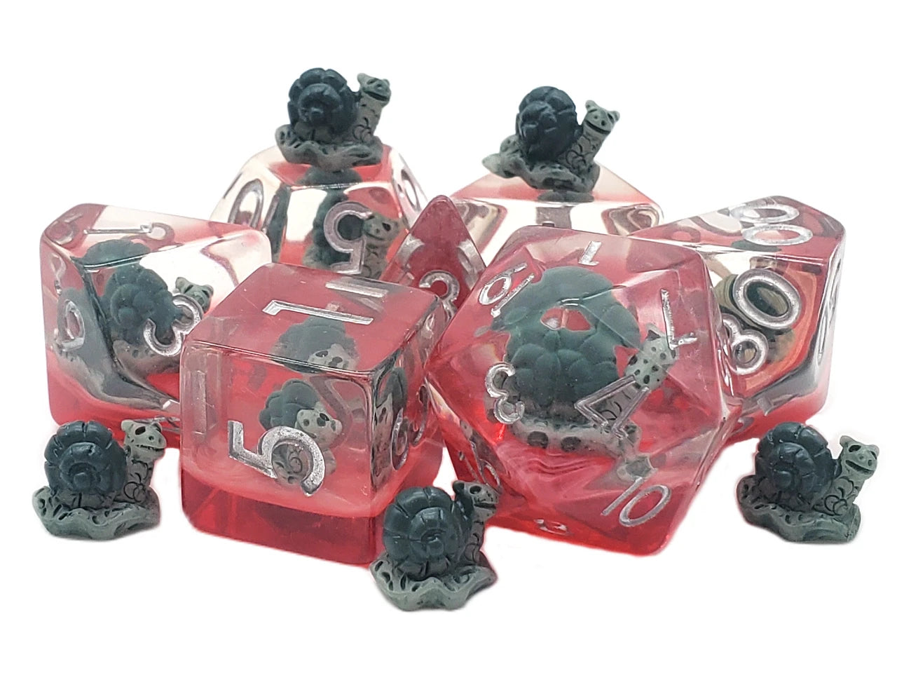 Old School 7 Piece DnD RPG Dice Set: Animal Kingdom - Snails - Green w/ Red - VGMX