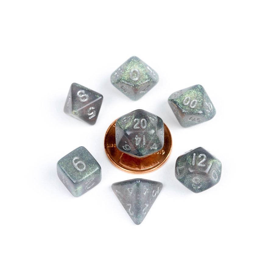 7 COUNT MINI DICE POLY SET: Stardust Grey With Silver Numbers