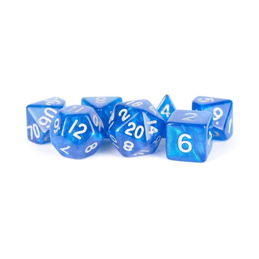 7 COUNT MINI DICE POLY SET: Stardust Blue with Silver Numbers