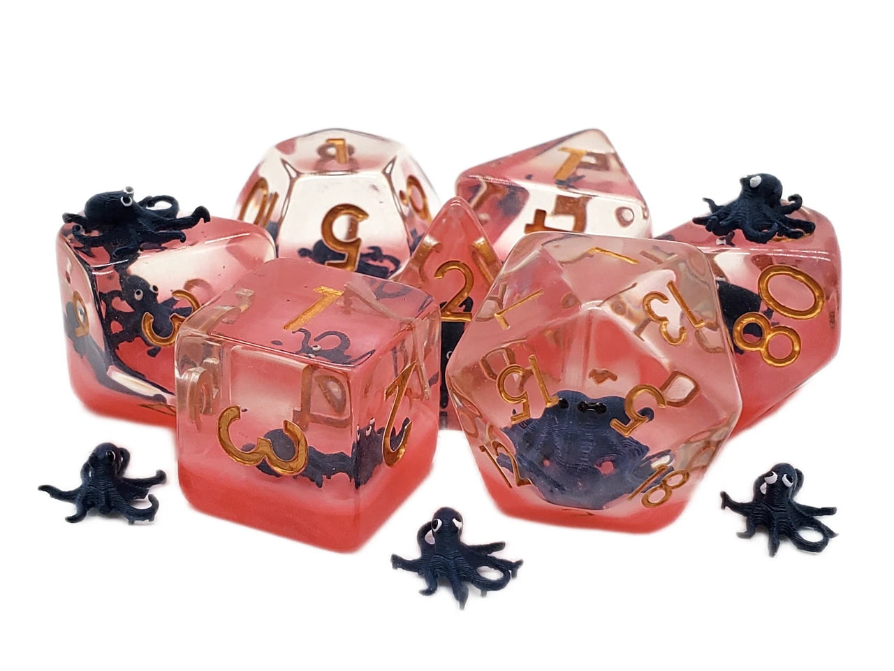 Old School 7 Piece DnD RPG Dice Set: Animal Kingdom - Octopus - Blue w/ Red - VGMX
