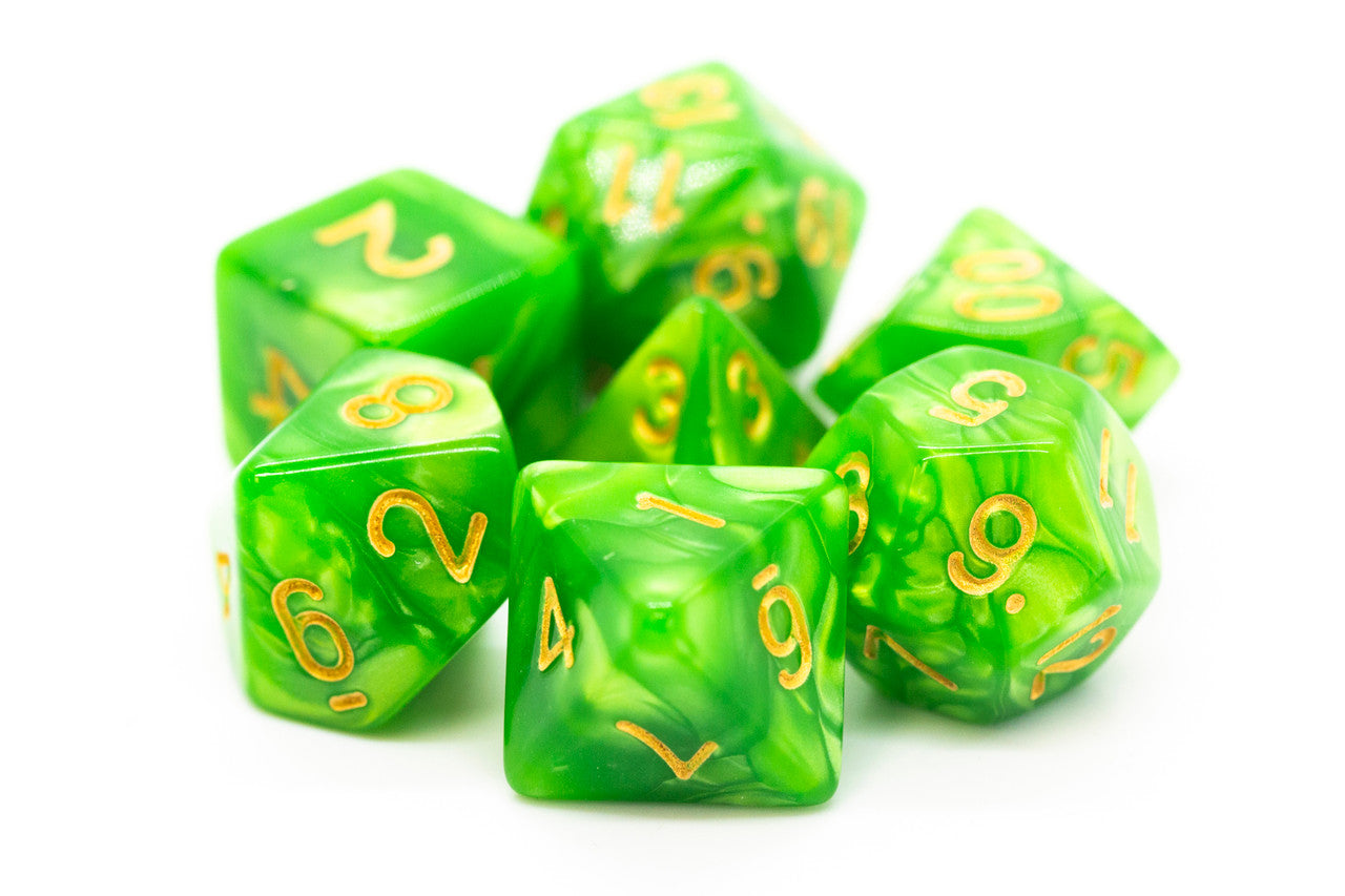 Old School 7 Piece DnD RPG Dice Set: - Pearl Drop - Light Green w/ Gold