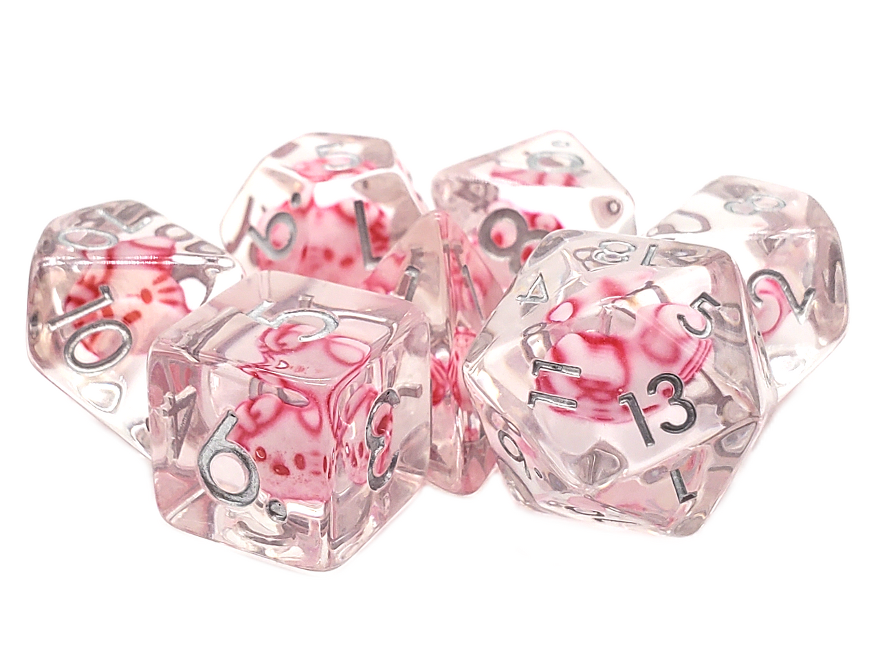 Old School 7 Piece DnD RPG Dice Set: Animal Kingdom - Purrfect Pink Cat