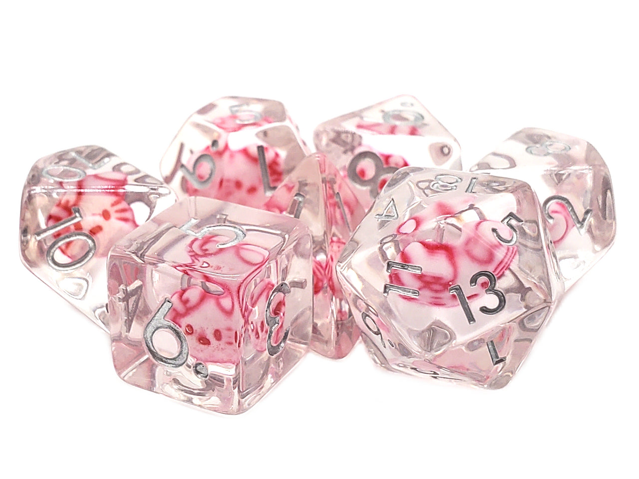 Old School 7 Piece DnD RPG Dice Set: Animal Kingdom - Cat - Purrfect Pink