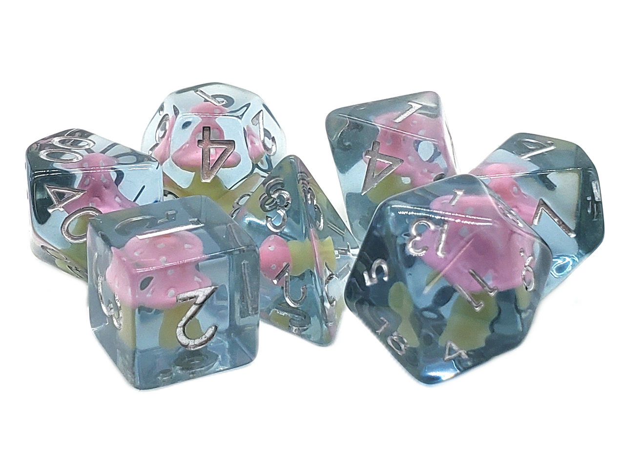 Old School 7 Piece DnD RPG Dice Set: Infused - Pink Shrooms