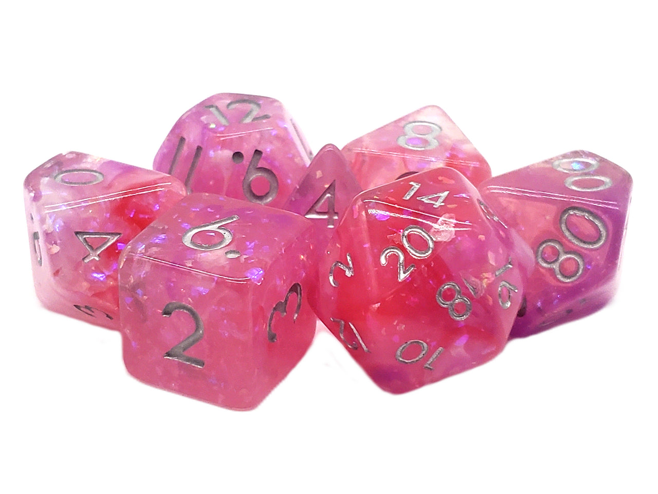 Old School 7 Piece DnD RPG Dice Set: Particles - Pink, White & Purple Mist