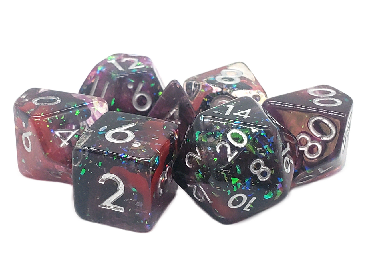 Old School 7 Piece DnD RPG Dice Set: Particles - Red, Pink & Black Mist