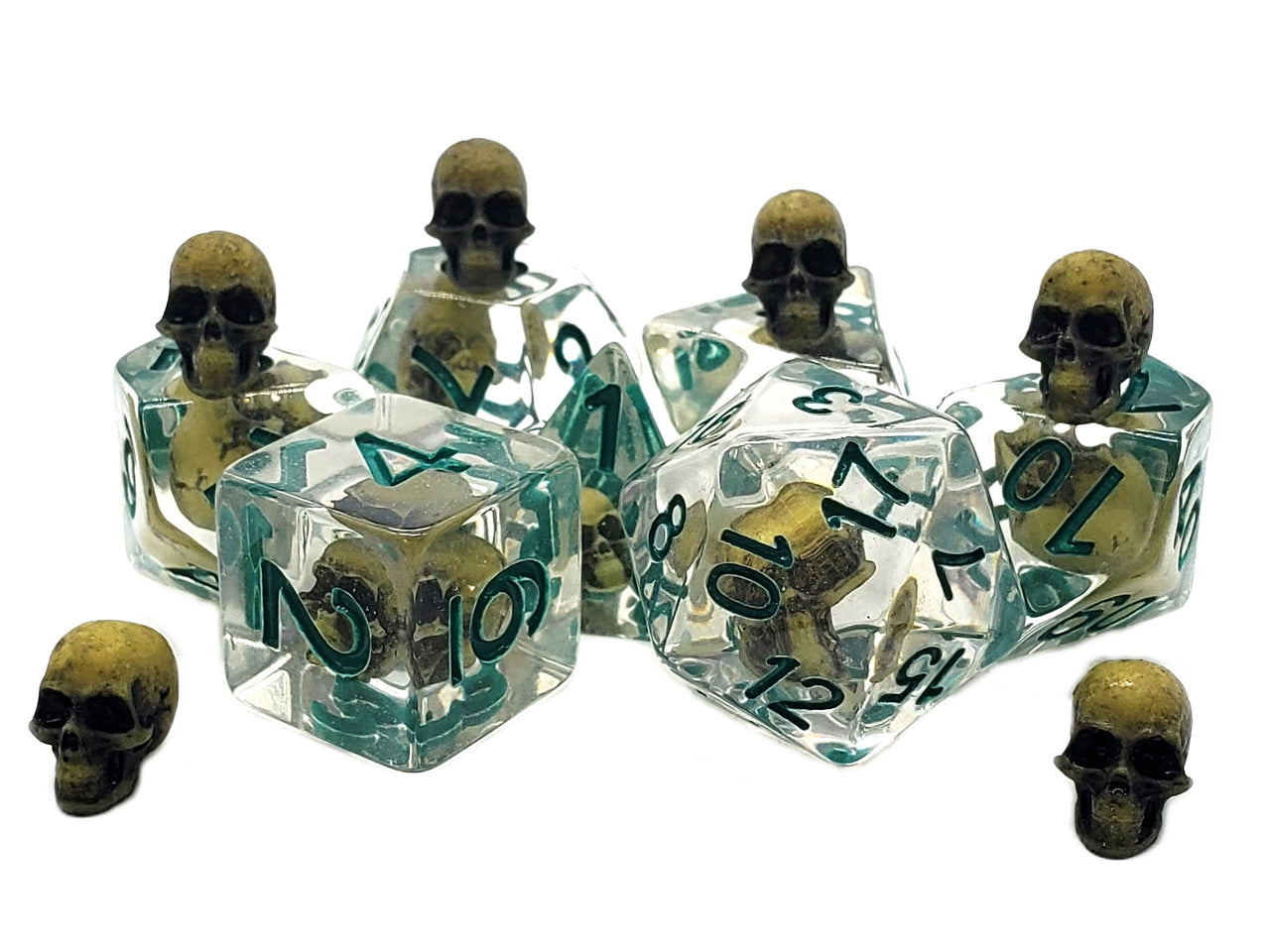 Old School 7 Piece DnD RPG Dice Set: Infused - Skull Yellow w/ Teal