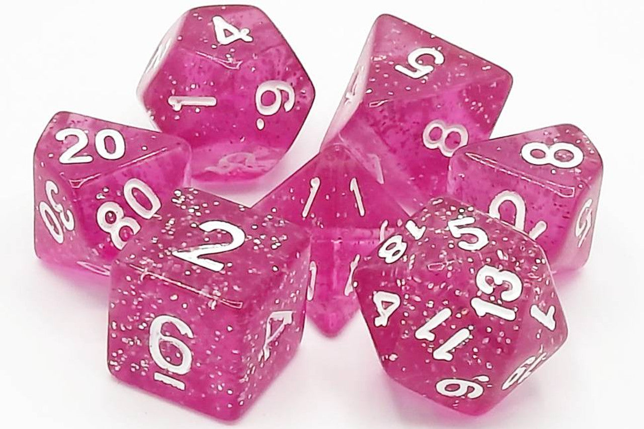 Old School 7 Piece DnD RPG Dice Set: - Sparkle - Translucent Pink