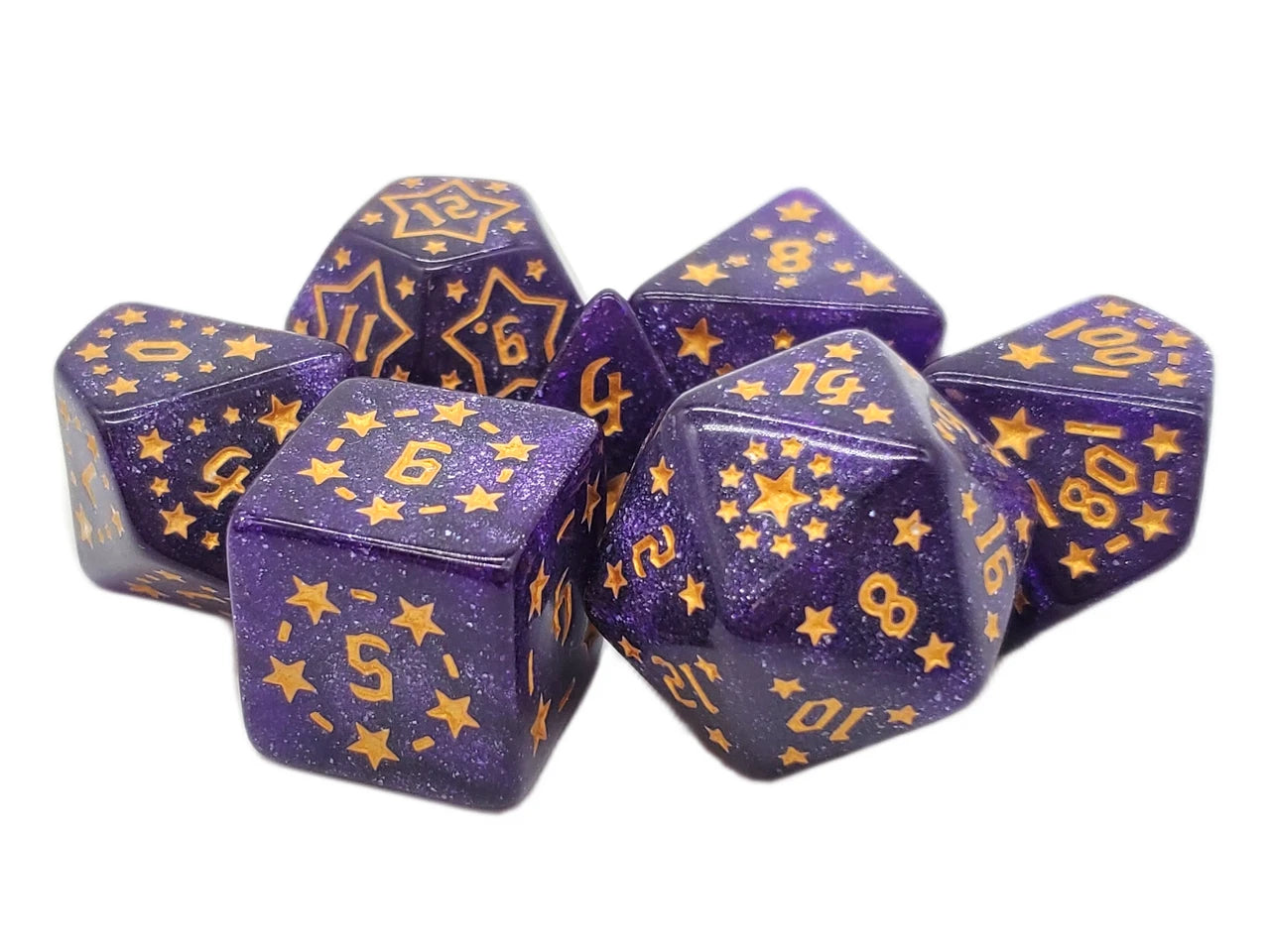 Old School 7 Piece DnD RPG Dice Set: Rune Dice - Starlight - Purple - VGMX