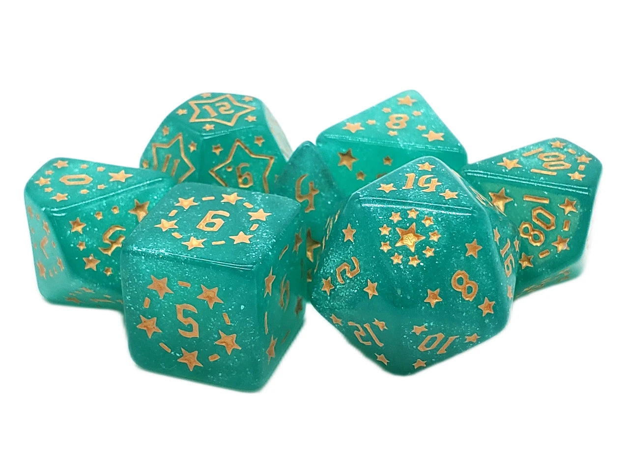 Old School 7 Piece DnD RPG Dice Set: Rune Dice - Starlight - Teal - VGMX