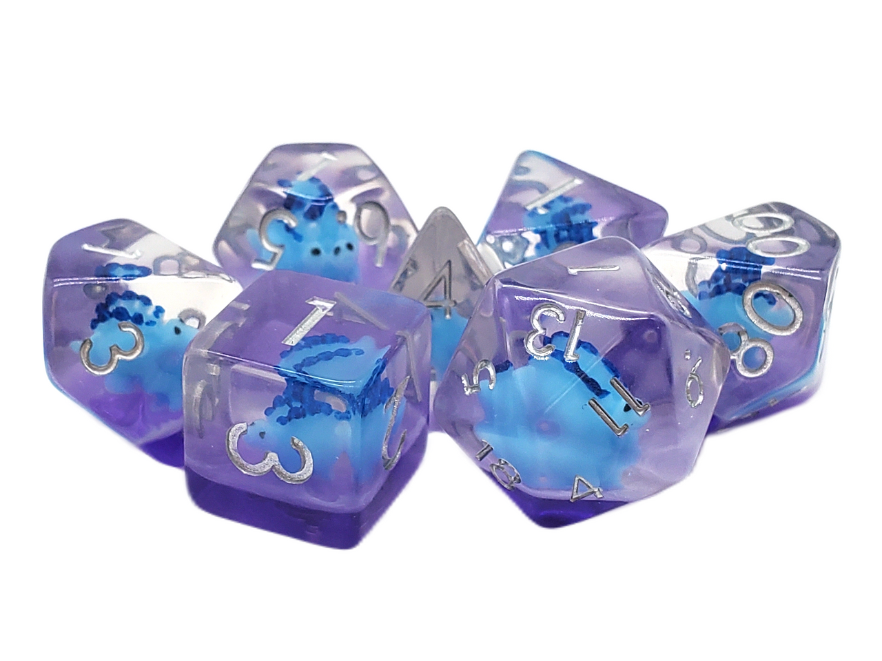 Old School 7 Piece DnD RPG Dice Set: Animal Kingdom - Baby Stegosaurus - Blue