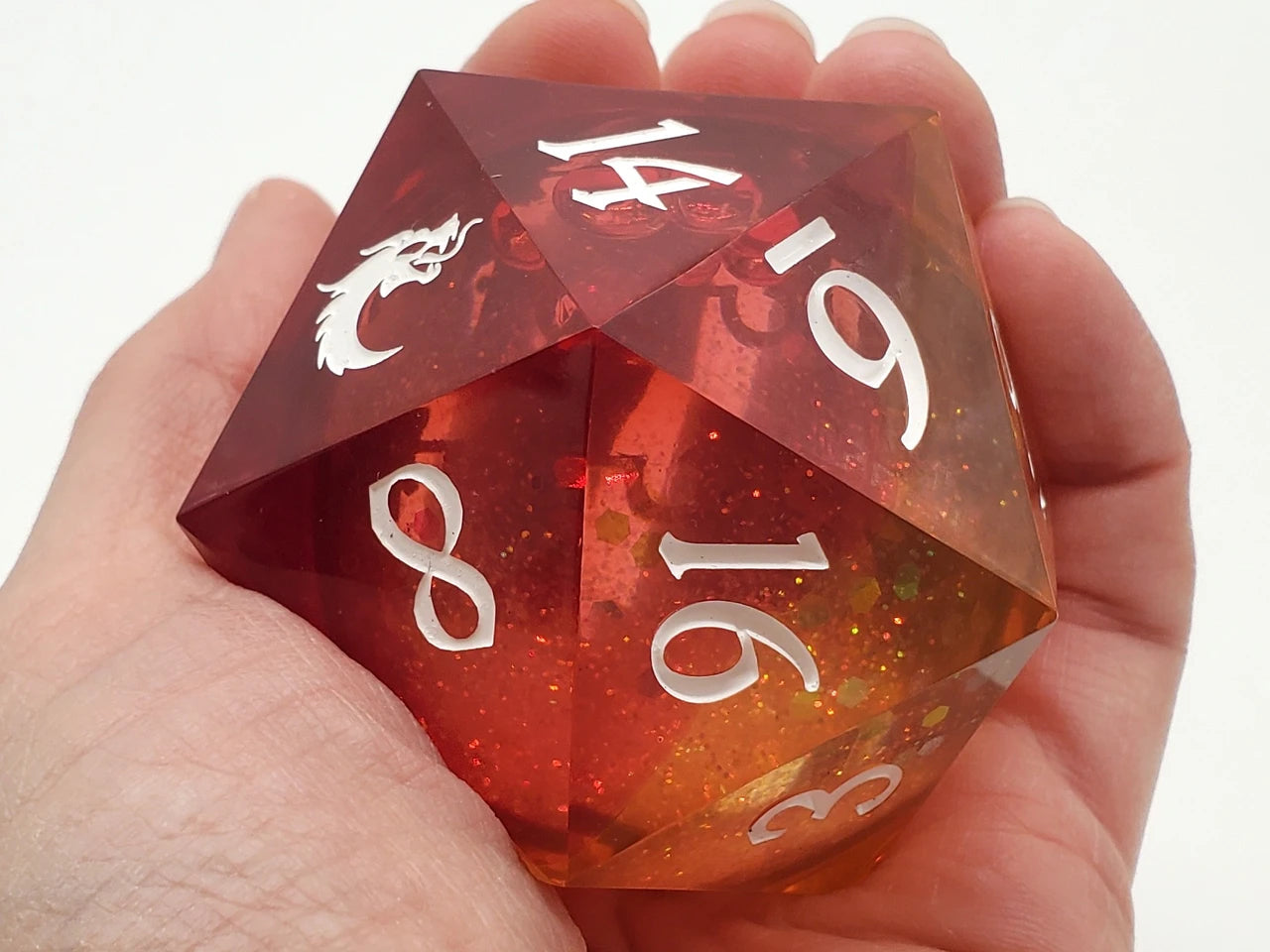 Old School Dice: Sharp Edged 55mm D20 - Liquid Infused - Sunrise Fury - VGMX