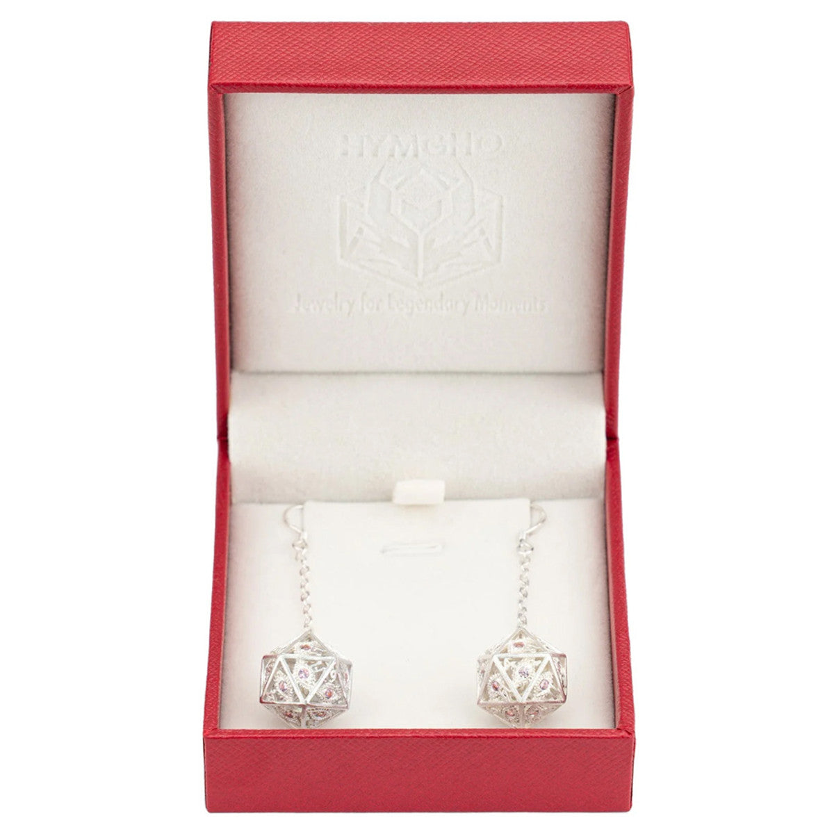 Hymgho: Dragon's Eye D20 Dice Hook Earrings Silver w/Pink Gems